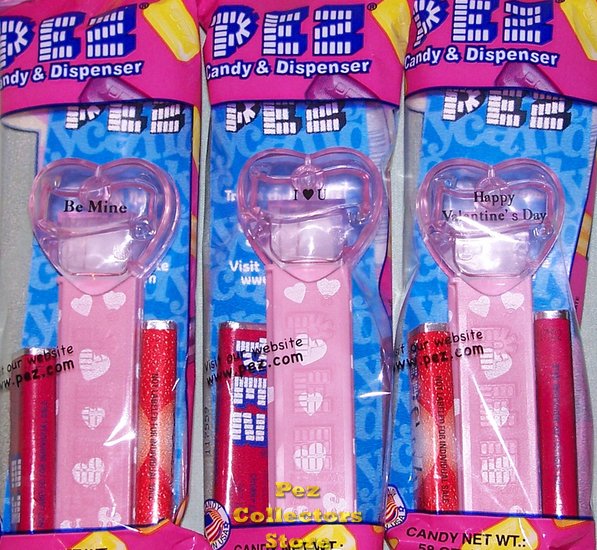 (image for) 2009 Set of 3 Clear Pink Crystal Pez Short Valentine Hearts MIB - Click Image to Close