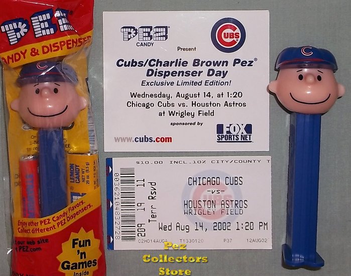 (image for) 2002 Cubs Charlie Brown Pez MIB Commemorative Card and Ticket - Click Image to Close