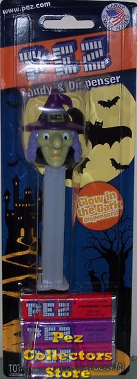 (image for) 2011 Halloween Witch F Pez with Purple Hat GITD Stem MOC - Click Image to Close