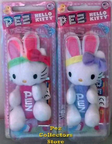 (image for) Hello Kitty Plush Easter Pez Pair With Bunny Ears and Bows MOC Pink Background - Click Image to Close