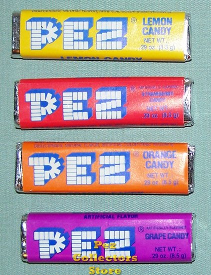 (image for) Old 2 Piece Strawberry, Grape, Lemon and Orange Pez Candy Packs - Click Image to Close