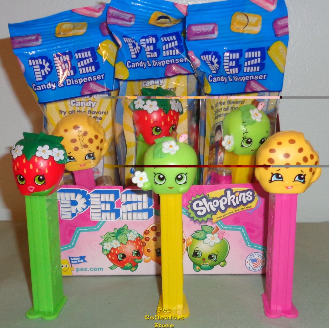 (image for) Shopkins Pez Apple Blossom, Strawberry Kiss and Kooky Cookie MIB - Click Image to Close