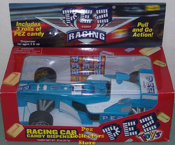 (image for) European Blue Pez Indy Style Race Car Pull-n-Go Action - Click Image to Close