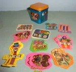 Japanese Blue and Orange Mini Tin with Pez Circus Ad Stickers (image for) Japanese Blue and Orange Mini Tin with Pez Circus Ad Stickers