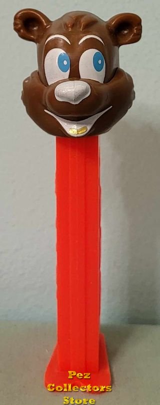 (image for) Misfit Icee Bear Pez Brown Face on Neon Red Stem Gold Tongue