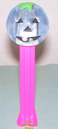 (image for) Light Blue Tint Crystal Pumpkin Pez on Neon Pink Stem