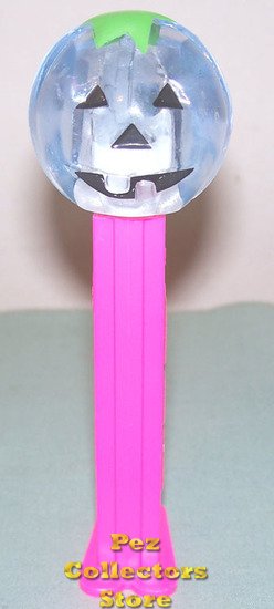 (image for) Light Blue Tint Crystal Pumpkin Pez on Neon Pink Stem