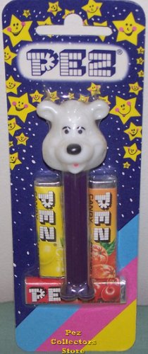 (image for) White Icee Barney Bear Pez on Purple Stem Starry and Striped Card