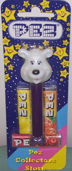 (image for) White Icee Barney Bear Pez on Purple Stem Starry and Striped Card