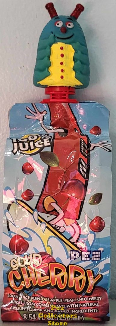 (image for) Caterpillar Centipede Pez Topper on a Sourz Cherry Juice Box