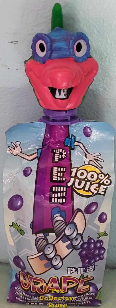 (image for) Pez-a-saur Fly Saur Pez Topper on a Grape Juice Box