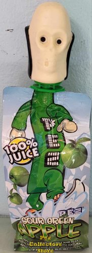(image for) Skull Pez Topper on a Sour Green Apple Juice Box