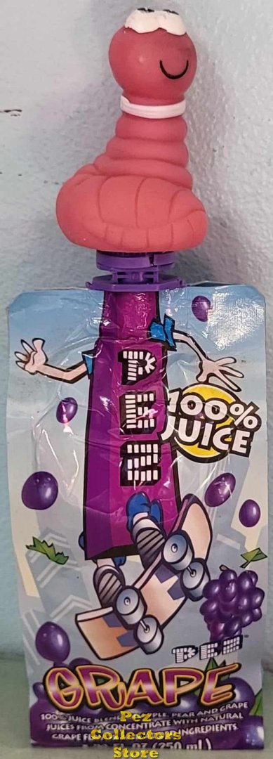 (image for) Clumsy Worm Pez Topper on a Grape Juice Box