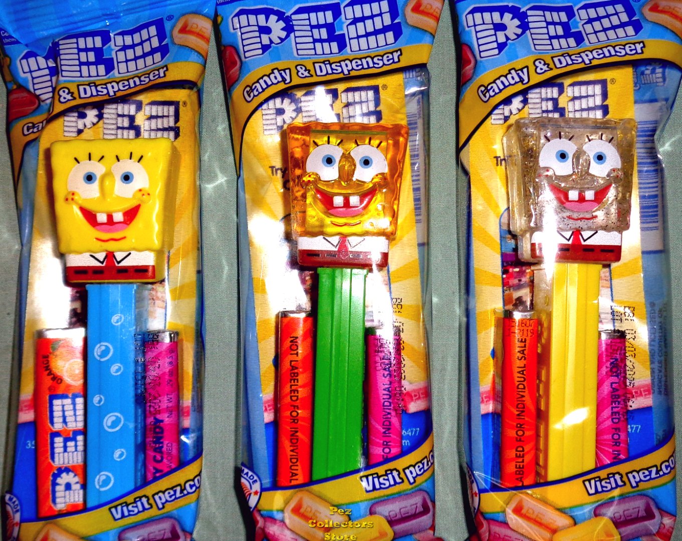 (image for) Set of 3 SpongeBob Bubbles, Yellow Crystal, and Glitter Pez MIB - Click Image to Close