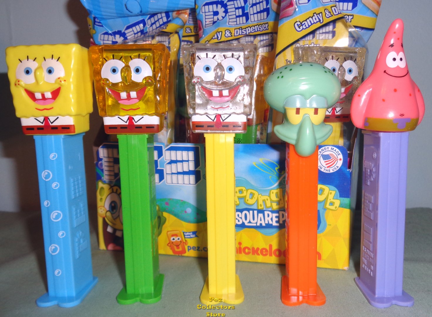 (image for) SpongeBob Bubbles, Glitter, Crystal, Pat & Squidward Pez MIB - Click Image to Close