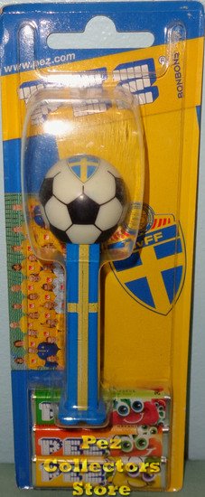 (image for) Swedish Soccer Ball Pez on Blue Stem with Yellow Cross MOC