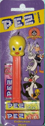 (image for) European Tweety Pez with Molded Eyes and Eyelashes on Neon Red Mint on Purple Looney Tunes Card