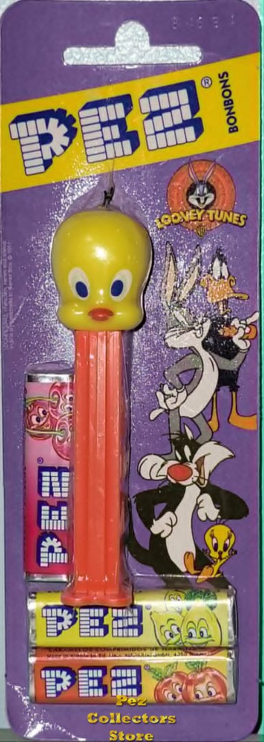 (image for) European Tweety Pez with Molded Eyes and Eyelashes on Neon Red Mint on Purple Looney Tunes Card