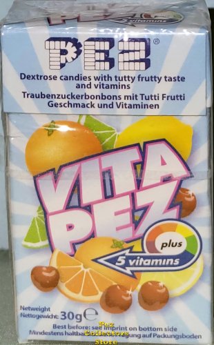 (image for) Vita Pez European Dextrose Tutty Frutty Candies Plus 5 vitamins Pez 30g Box