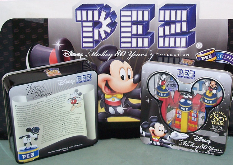 MICKEY MOUSE PEZ SET OF 3 IN LIMITED EDITION TIN CELEBRATING 80TH ANNIVERSARY 