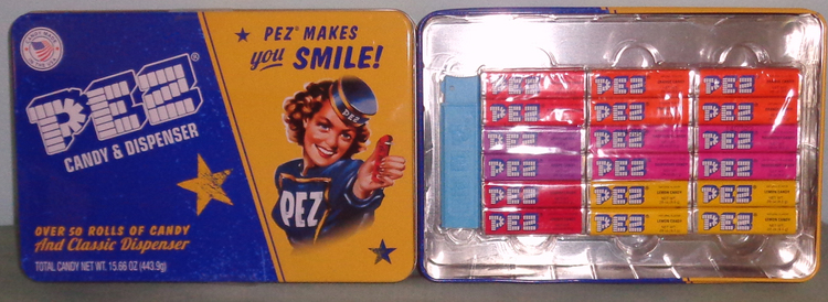 (image for) Retro PEZ Girl Candy Tin with Regular and 54 rolls Pez Candy - Click Image to Close