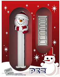 Snowman Pez boxed with Silver Pez Candy Bricks