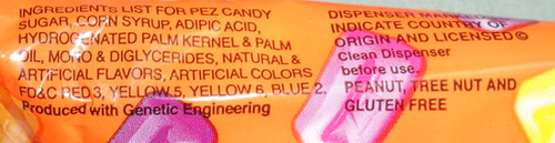 GMO labeling with list of ingredients on Pez Polybag 